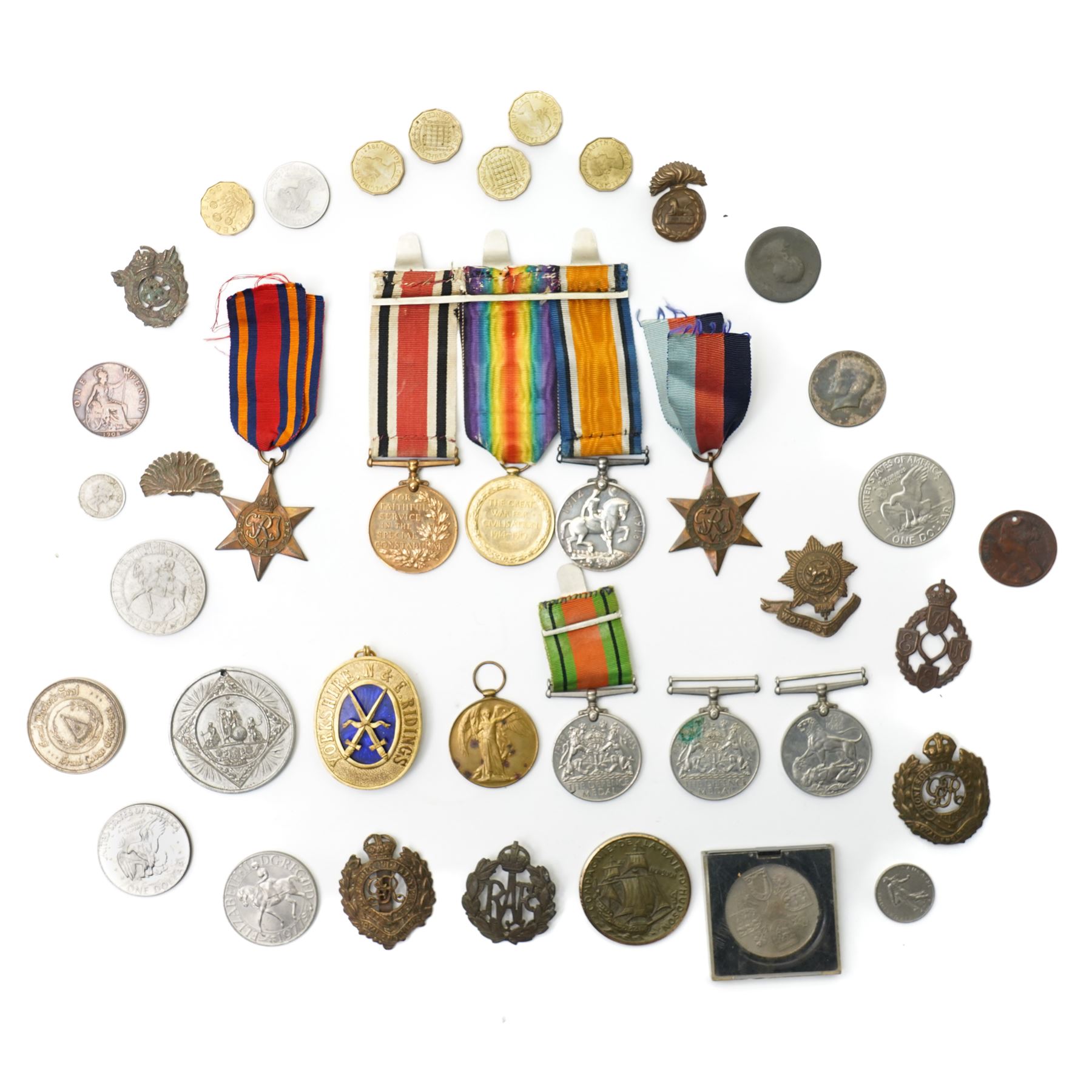 World War I trio to 118150 Gnr H E Ashfield R.A. comprising War medal, Victory medal and George VI Special Constabulary medal,  WWII Burma Star, 1939-1945 Star and Defence medal, military badges, assorted coins etc