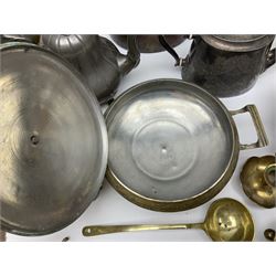 Collection of brassware, to include, kettles, jugs, owl figures etc