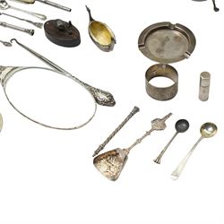 Silver sugar bowl, engine turned silver ashtray, silver napkin ring, silver backed mirror, two silver bladed and mother of pearl fruit knives etc