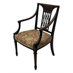 Late 19th century mahogany open armchair, lattice splat back, acanthus carved arm terminals, on square tapering supports with spade feet