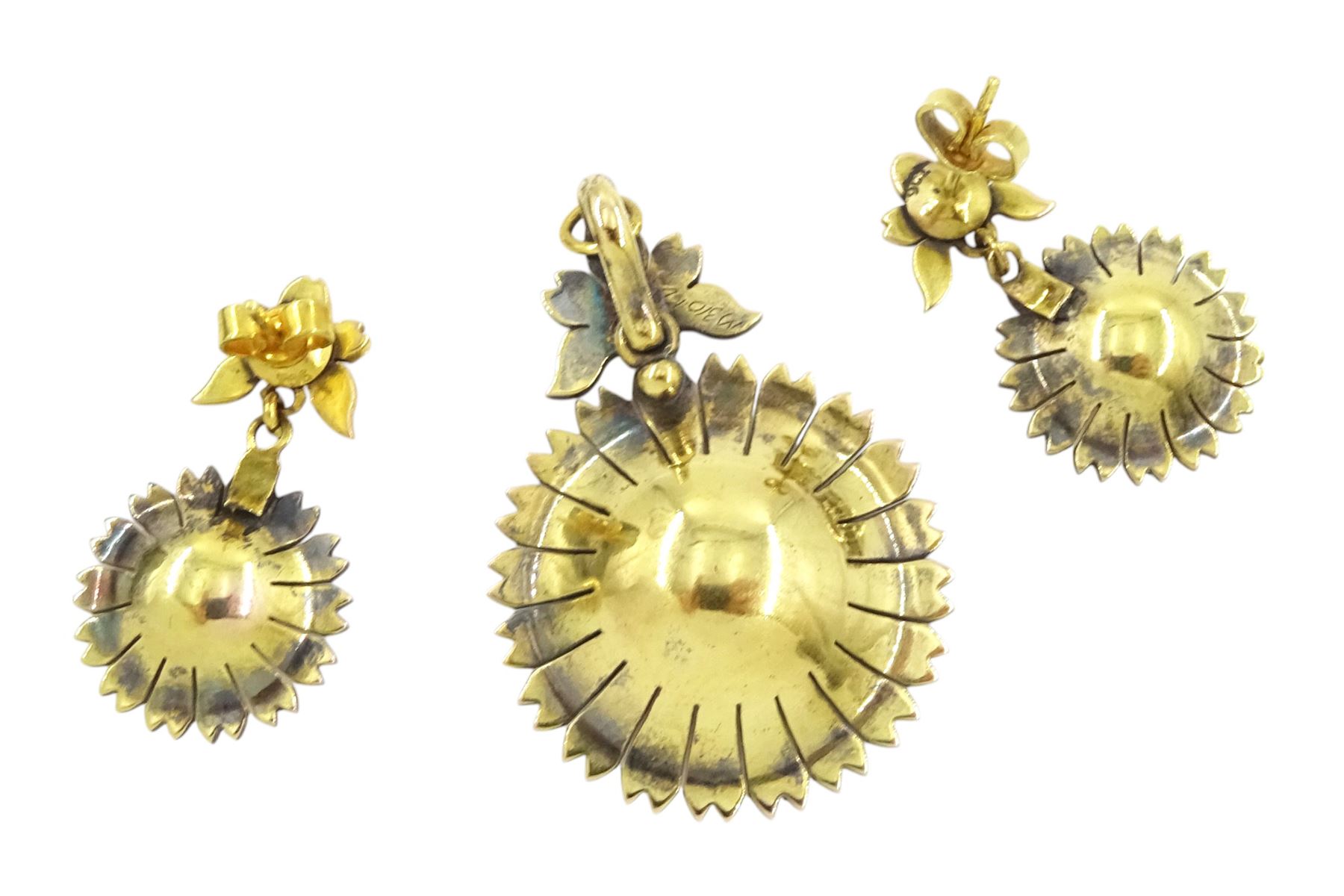 Victorian gold coral and split pearl flower head pendant, with pair of matching stud earrings, in fitted velvet and silk lined box by George Farrer, Tunbridge Wells