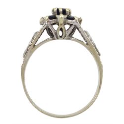 9ct white gold sapphire and diamond chip flower head cluster ring, London 1979