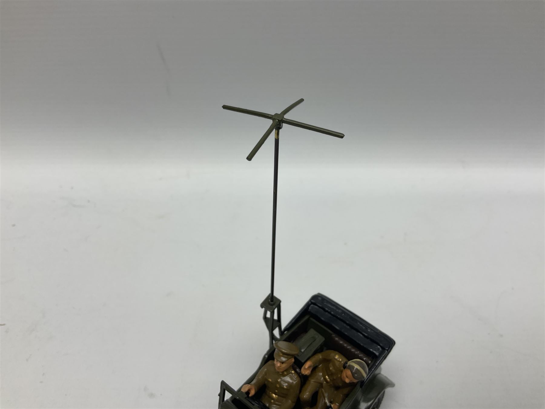 CJB Morris Military Field Wireless car with antenna, driver and operator L11cm; CJB Military covered wagon with two figures; and CJB maroon and white painted flat-bed truck with driver (3)