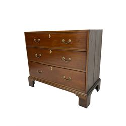 19th century mahogany chest, fitted with three graduating cock-beaded drawers, each with bone escutcheons, on bracket feet