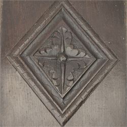 Set of four 17th century carved panels with lozenge decoration, and three further carved panels, lozenge panels approx 36.5cm x 24cm, three further 35cm x 10cm 