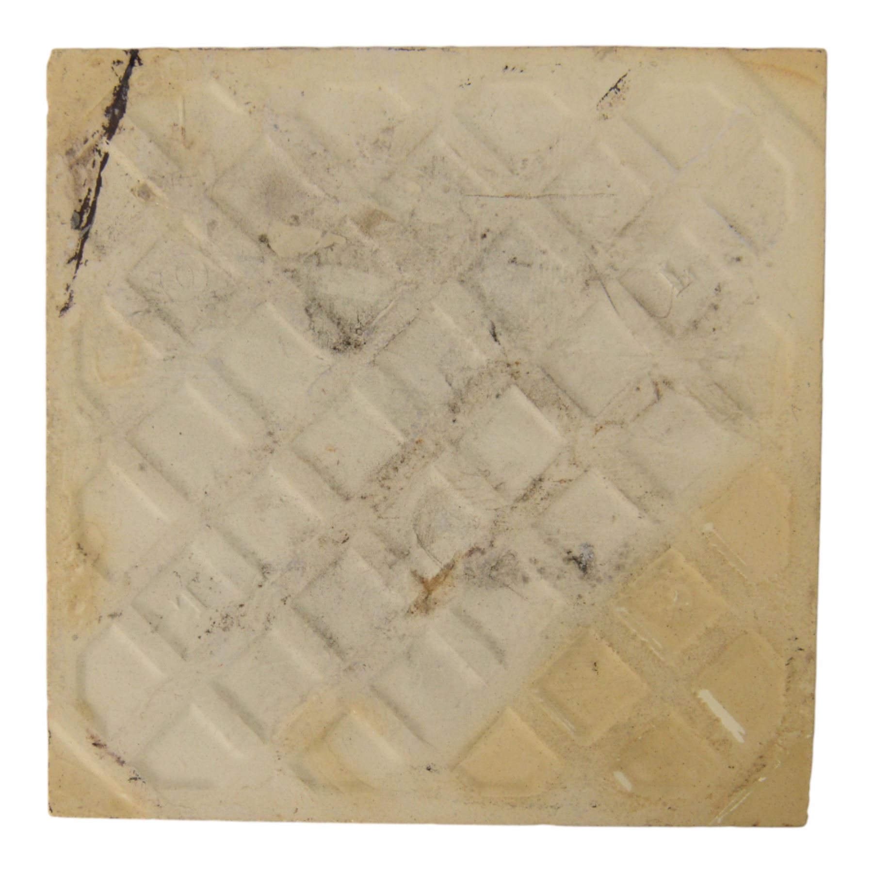 Set of fourteen late 19th century Aesthetic movement six inch dust pressed tiles, each printed with central lozenge containing an urn of flowers, surrounded by flower heads and tendrils, in brown and buff