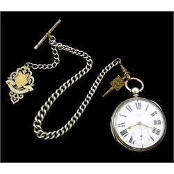 Victorian silver open face key wound lever pocket watch by L. Hinchcliffe, Hope Street, Filey, No. 67874, white enamel dial with Roman numerals and subsidiary seconds dial, case by Samuel Yeomans, Chester 1893, on white metal Albert chain with silver fob