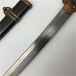 WW2 Japanese Army officer's shin gunto/katana sword with 68.5cm steel single edged blade, foliate cast brass tsuba, bound fish-skin grip with brass mounts, inscribed marks to both sides of tang; in lacquered wooden scabbard with brass mounts and locking button L97cm overall