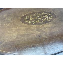 Edwardian inlaid mahogany tea tray, of oval form with shaped gallery and twin brass handles, L62.5cm, together with a George III mahogany tea caddy, L23.5cm, (2)