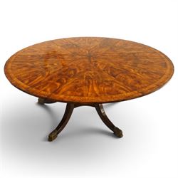 Theodore Alexander - Regency Revival figured mahogany 'Althorp Patent Jupe' extending dining table, the segmented circular top formed of six pull-out triangular divisions with inset fold-out leaves, raised on a large turned vasiform pedestal on a pentagonal platform base with ebonised stringing, terminating to five splayed supports with gilt metal acanthus scrolled feet, retailed by David Hick Interiors, Jersey
