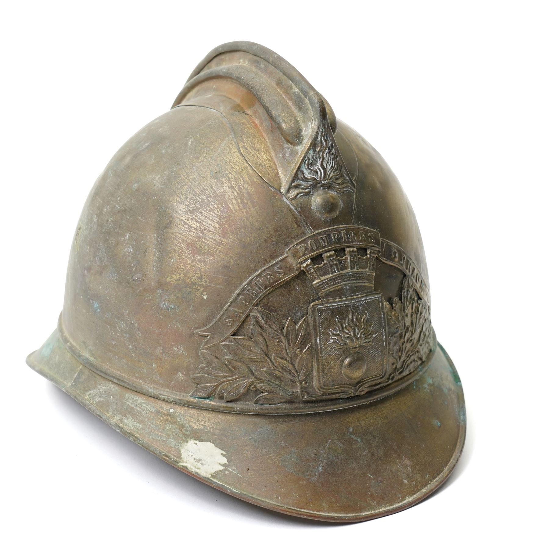 19th century French brass fireman's helmet inscribed 'Sapeurs Pompiers de Chaon'