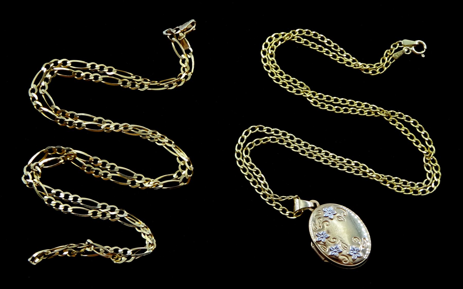 9ct gold oval locket pendant necklace with floral decoration and a 9ct gold Figaro link necklace