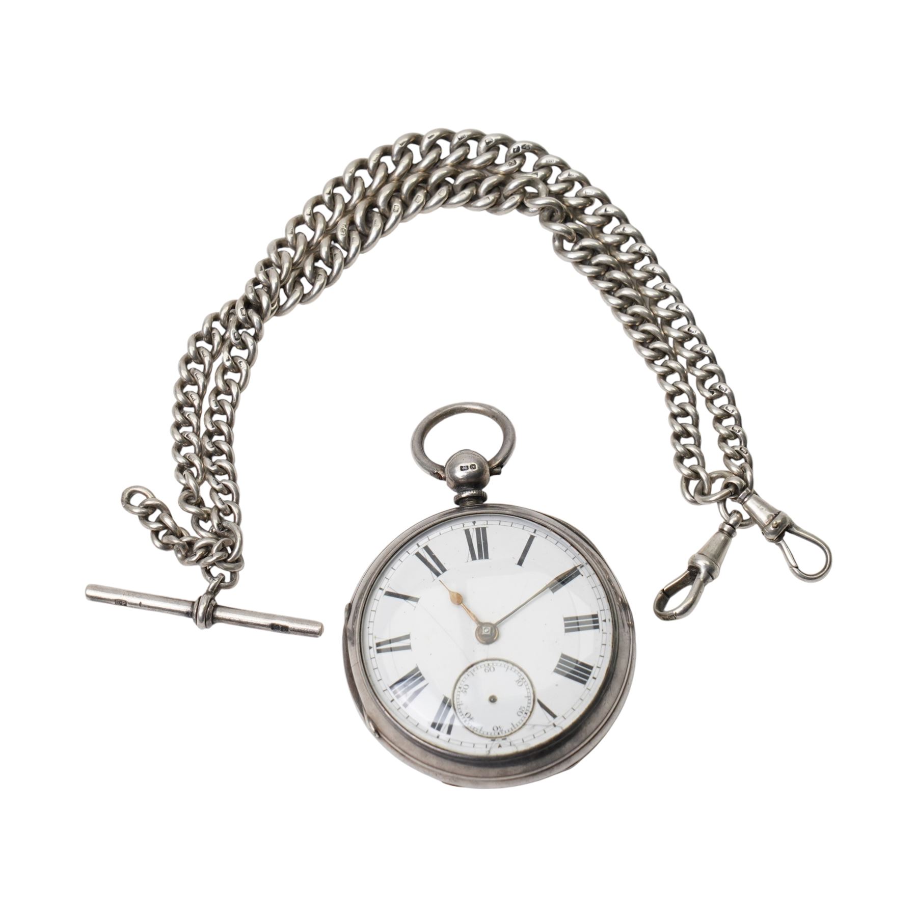 Victorian silver open face fusee lever pocket watch by Gregory Marshall, Rotherham, on silver Albert chain by Edwin Page, Chester 1911