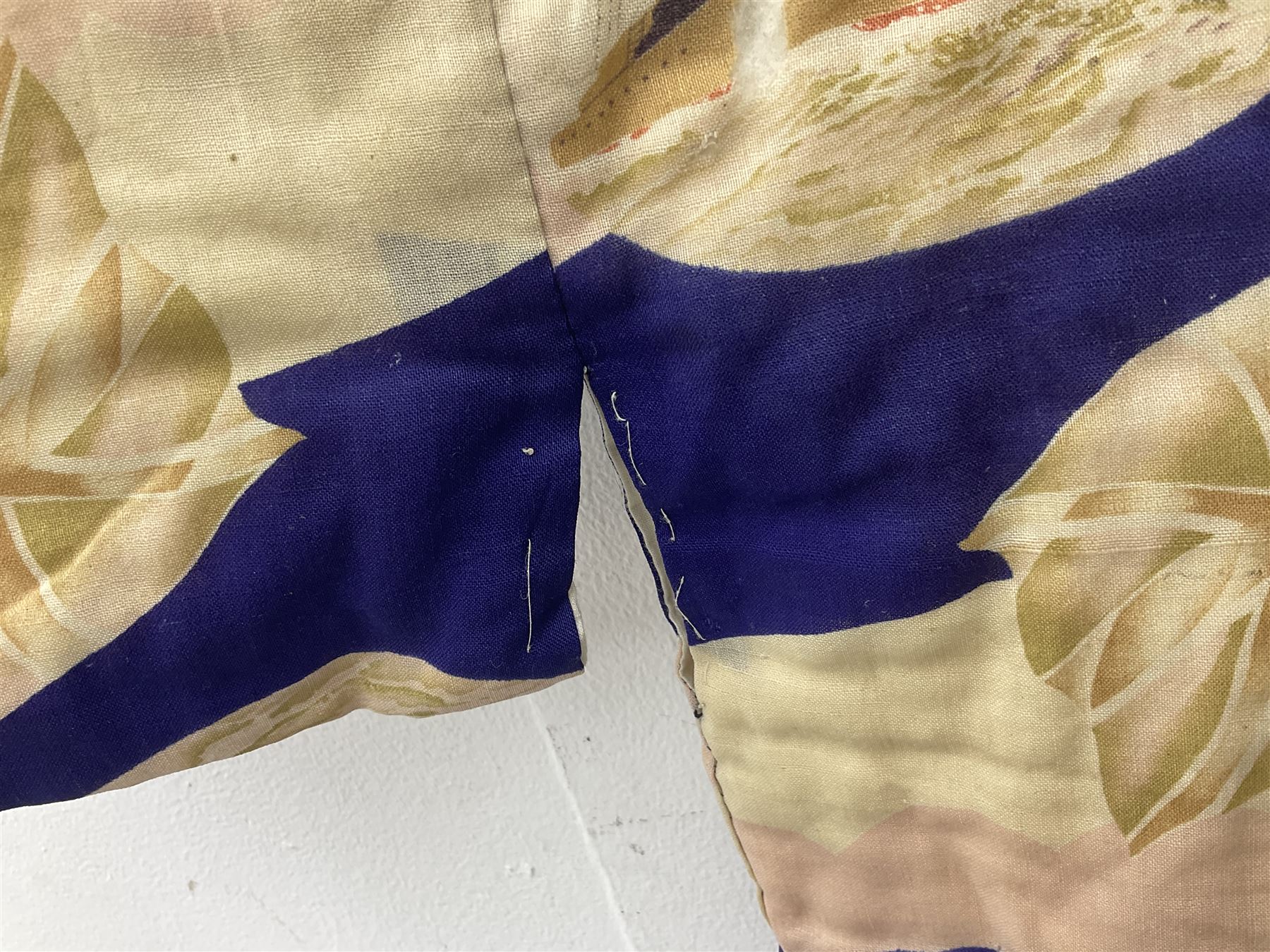 1930s Japanese fully lined kimono decorated with Japanese naval vessels and bi-planes, Japanese, American and British flags and dated 1935; looks to be child's size