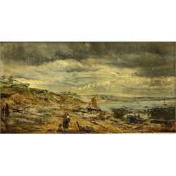 William Joseph Julius Caesar Bond (British 1833-1926): 'Beach Scene', oil on board, signed inscribed and dated June 1852 verso, 13cm x 24cm