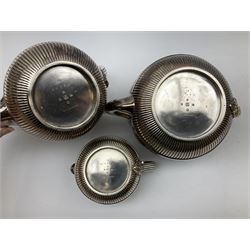 Elkington & Co. silver plate tea set, consisting teapot, coffee pot and milk jug, with engraved foliate decoration and a beaded edge