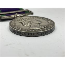 Elizabeth II General Service Medal with Northern Ireland clasp awarded to 24081995 Pte. D. Claxton Green Howards; with ribbon