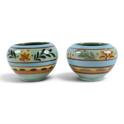 Hartrox Stoneware, comprising five jugs and two bowls, all with green, blue, yellow and oragne floral and abrstact decoration, with printed marks beneath, tallest H26cm