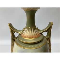 Early 20th century Royal Worcester vase decorated by Harry Davis, of ovoid form with twin acanthus mounted handles and waisted high neck supporting a domed cover, upon a circular foot, the body hand painted with sheep in a highland landscape, signed H Davis, with puce printed marks beneath including shape number 2425, and date code for 1907, H27.5cm