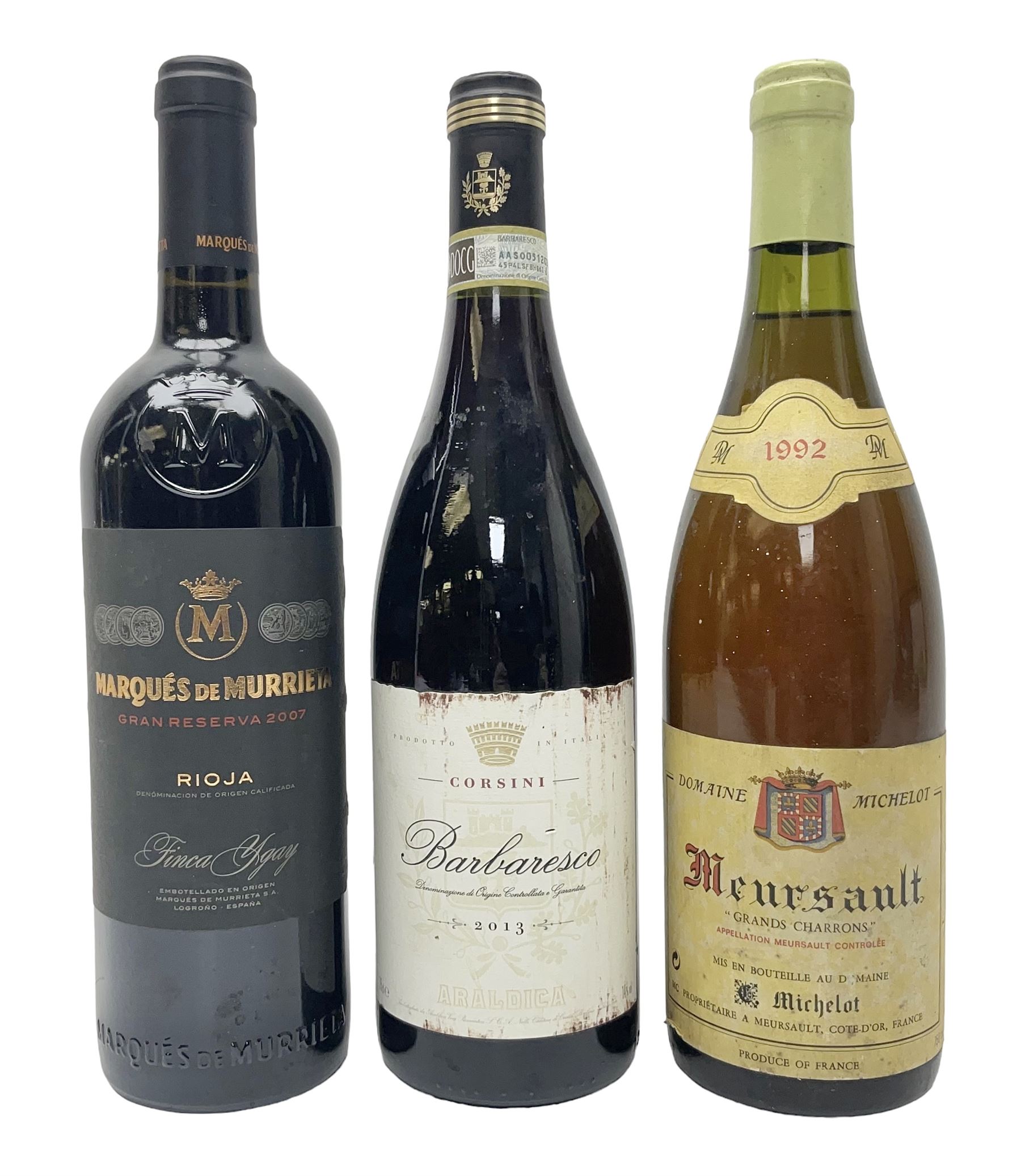 Mixed wine, comprising Araldica Barbaresco 2013, Corsini, 75cl 14% vol, Marques De Murrieta 2007 Gran Reserva Rioja 75cl 14% vol and Domaine Michelot 1992 Meursault 750ml 13% vol (3)