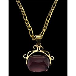 9ct gold amethyst glass spinner pendant, on 9ct gold chain necklace, both hallmarked