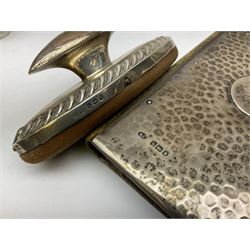 Edwardian silver mounted purse, with circular panel engraved with initials, and hammered finish, hallmarked William Comyns & Sons, London 1903, H14cm, together with three dressing table glass jars with hallmarked silver covers, and a hallmarked silver mounted buffer 