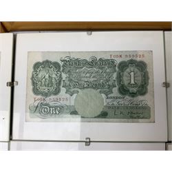 Banknotes and stamps, including Bank of England O'Brien one pound 'T05K', Peppiatt one pound 'B49H', two Lowther and one Kentfield five pound notes, The British Linen Bank 5th February 1946 one pound 'W/1 209243', United States of America series D 1969 one dollar etc