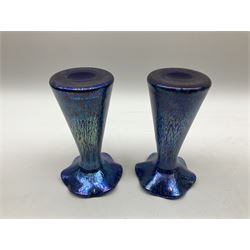 Pair of dark blue iridescent glass vases, together with large murano glass bowl with fluted edges, bubble glass paperweight, and a yellow glass bowl 