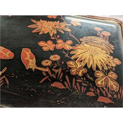 Japanese wooden jewellery box, with floral, butterfly and bird decoration highlighted in gilt and two other boxes 