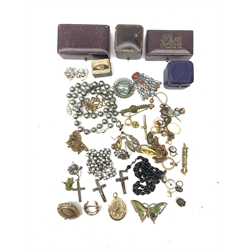 A Victorian gold diamond set brooch, horseshoe brooch, Edwardian brooch, and other costume jewellery, plus a number of Vintage boxes.