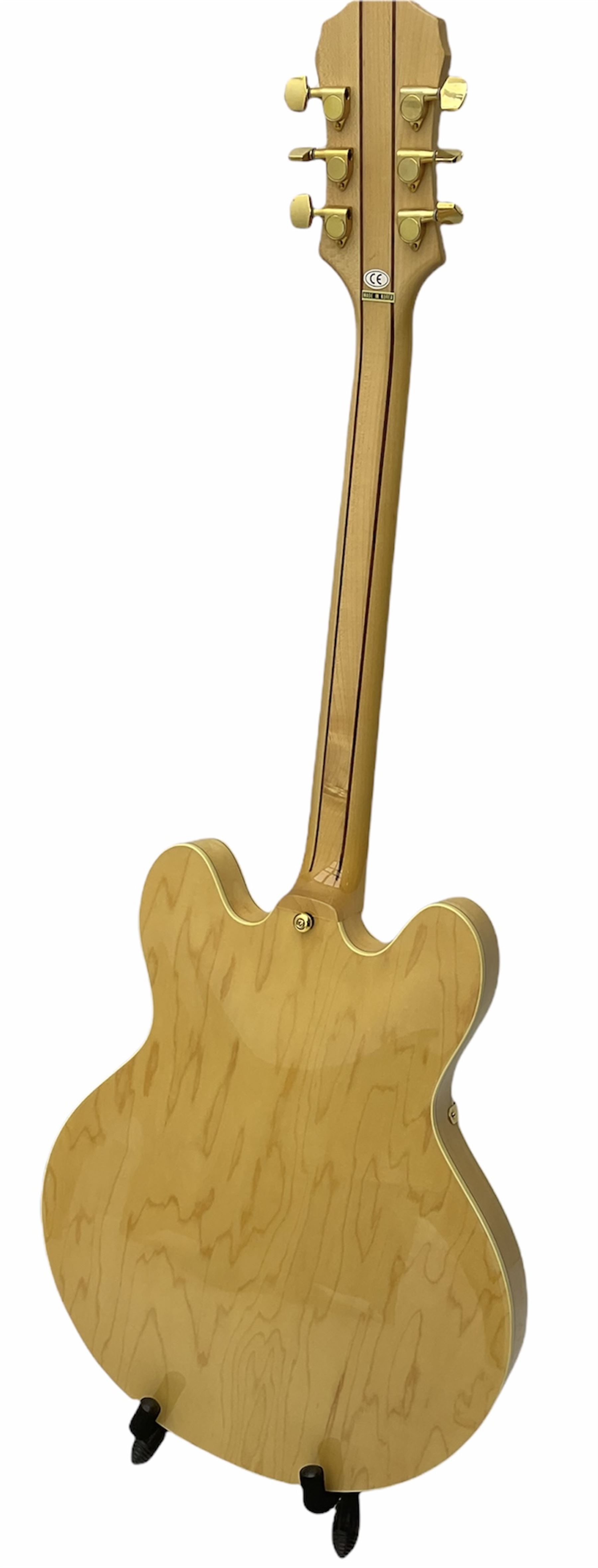 Late 1990s Epiphone Sheraton left handed hollow body electric guitar by Gibson, serial no.99090334, bears label 'Made in Korea', L103cm, in Hiscox fitted hard case; with Squier SP-10 amplifier and XCG folding guitar stand (3)