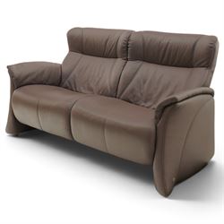 Himolla - ‘Cumuly’ lounge suite upholstered in deep aubergine leather, comprising two-seat sofa with high padded back, shaped arms and panelled upholstery (W 161cm, D 82cm, H 93cm), and three-seat sofa conforming (W 200cm, D 82cm, H 93cm)