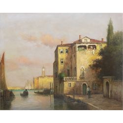Follower of Antoine Bouvard (French 1870-1955): Venetian Canal Scene with Gondolas and Figure, oil on board indistinctly signed lower left 39cm x 49cm 