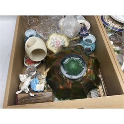 Royal Doulton ceramics, comprising the old curiosity shop jug, Beefeater character jug, Winston Churchill toby jug, together with other collectables to include glassware, commemorative are etc, in three boxes    
