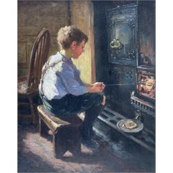 John William Gilroy (Newcastle 1868-1944): 'Granny Toast', oil on panel signed, original title label verso 40cm x 32cm
