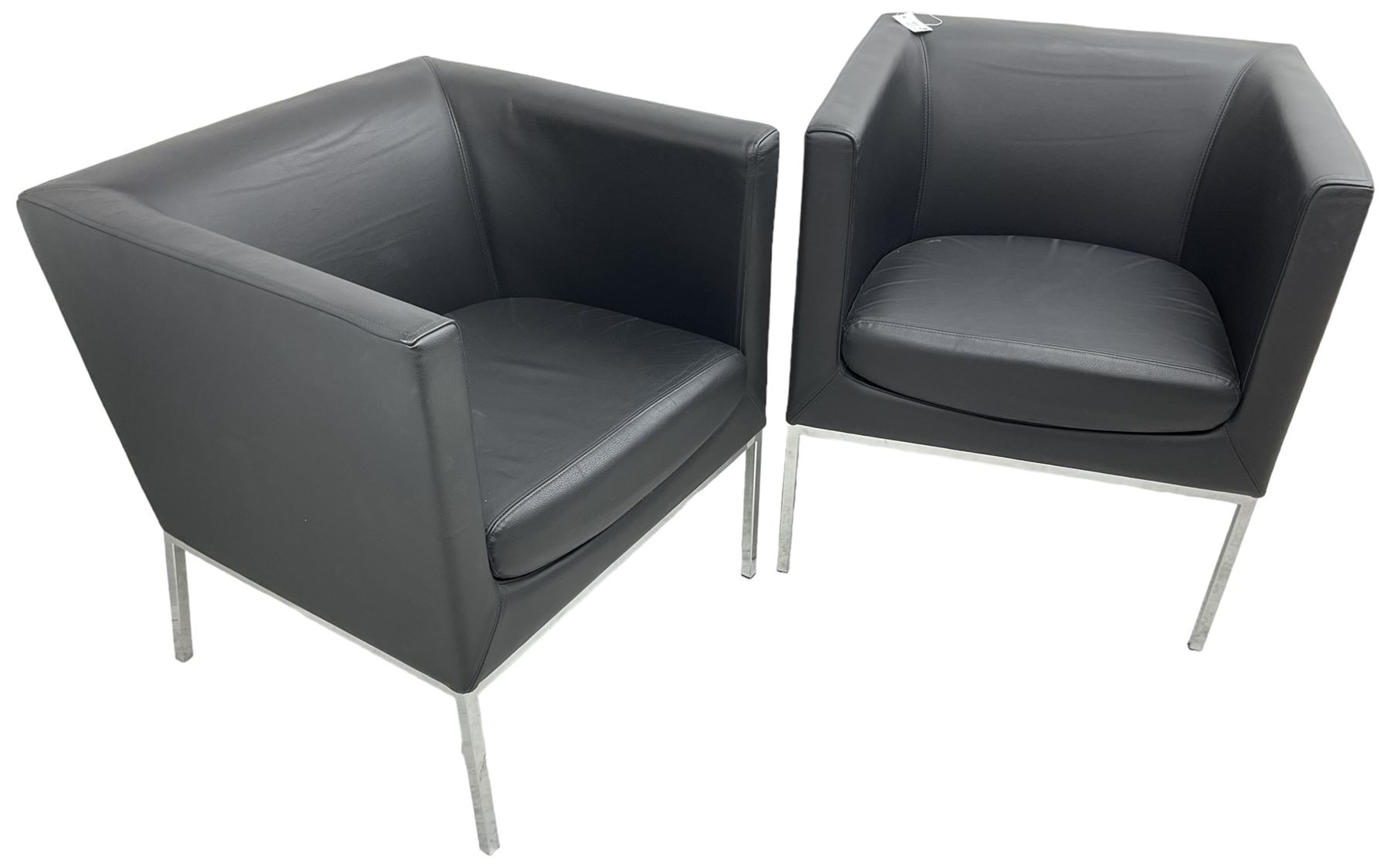 Orangebox - pair of contemporary 'Drift' tub armchairs, upholstered in blakc faux leather, on chrome supports
