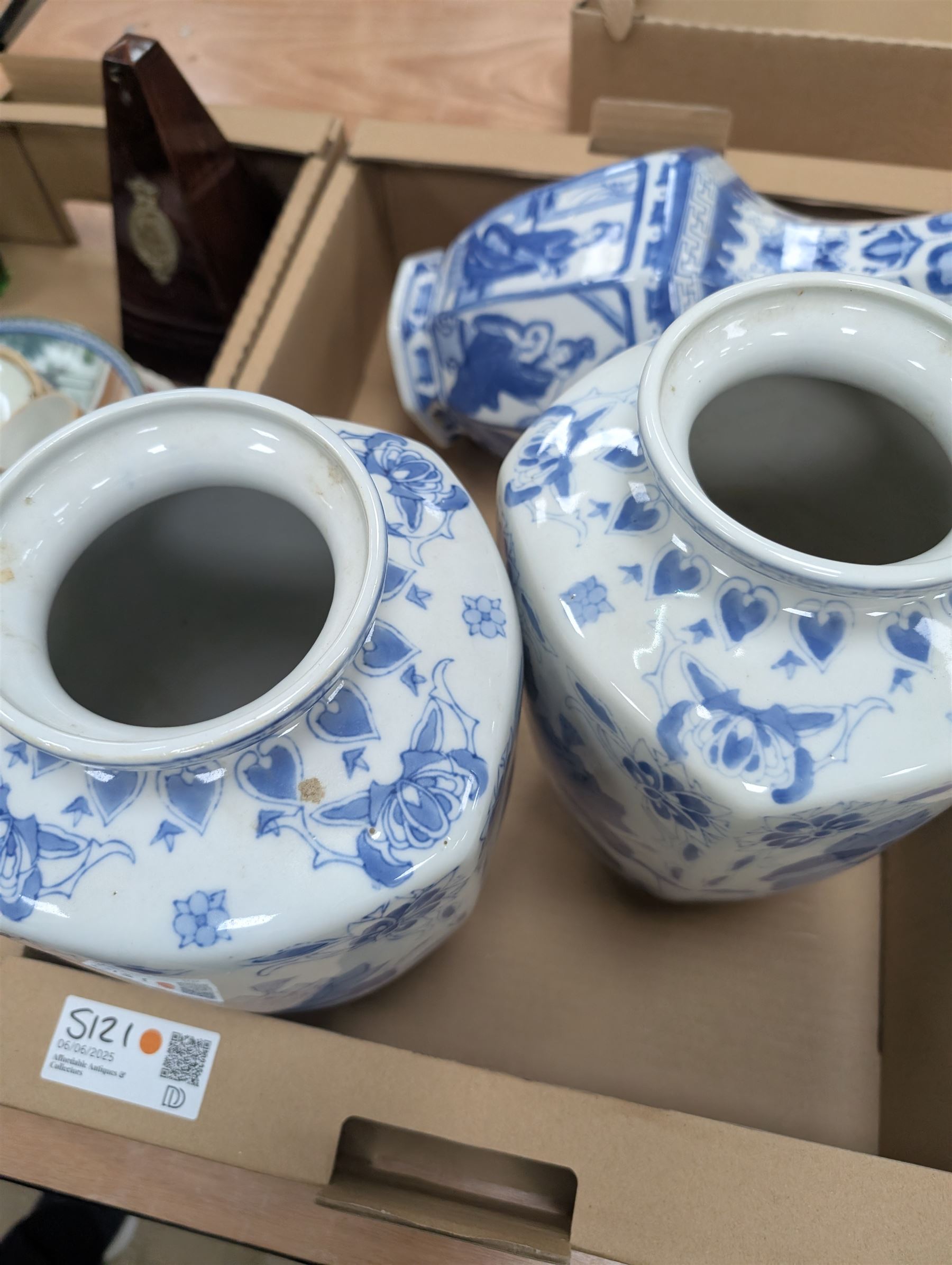 Three Chinese blue and white vases, R. Cocks metronome, glass claret jug and a collection of other ceramics and glass ware