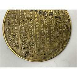 18th century brass calendar medal, for 1756, by John Powell, with moonphase calendar to reverse 