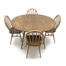  Set four Ercol hoop back dining chairs (W40cm) and Ercol elm drop leaf dining table, square tapering supports (W124cm)  