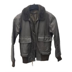 US Air Force style brown leather flying type jacket, buttoned sheepskin collar and twin pockets, General metal zip, elasticated waist and cuffs