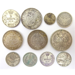  Collection of World silver coinage including 1896 Nicholas II rouble,  United States of America 1892S quarter dollar, Serbia 1915 dinar and two dinar, two South African 1895 2 1/2 shillings and other World silver coins  