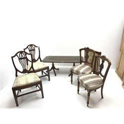 Pair of Edwardian chairs, shaped cresting rail, upholstered seats, turned tapering supports (W47cm) a fire screen, two other chairs and a leather top coffee table