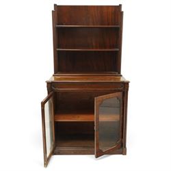 Late 19th century Gothic Inspired secretaire-chiffonier, the raised superstructure with two open shelves and cluster-column uprights, the base fitted with hinged top over secretaire drawer with hinged slope writing surface and pen-rest compartments, over a twin glazed doors enclosing single shelf, the flanking cluster-columns on skirted base