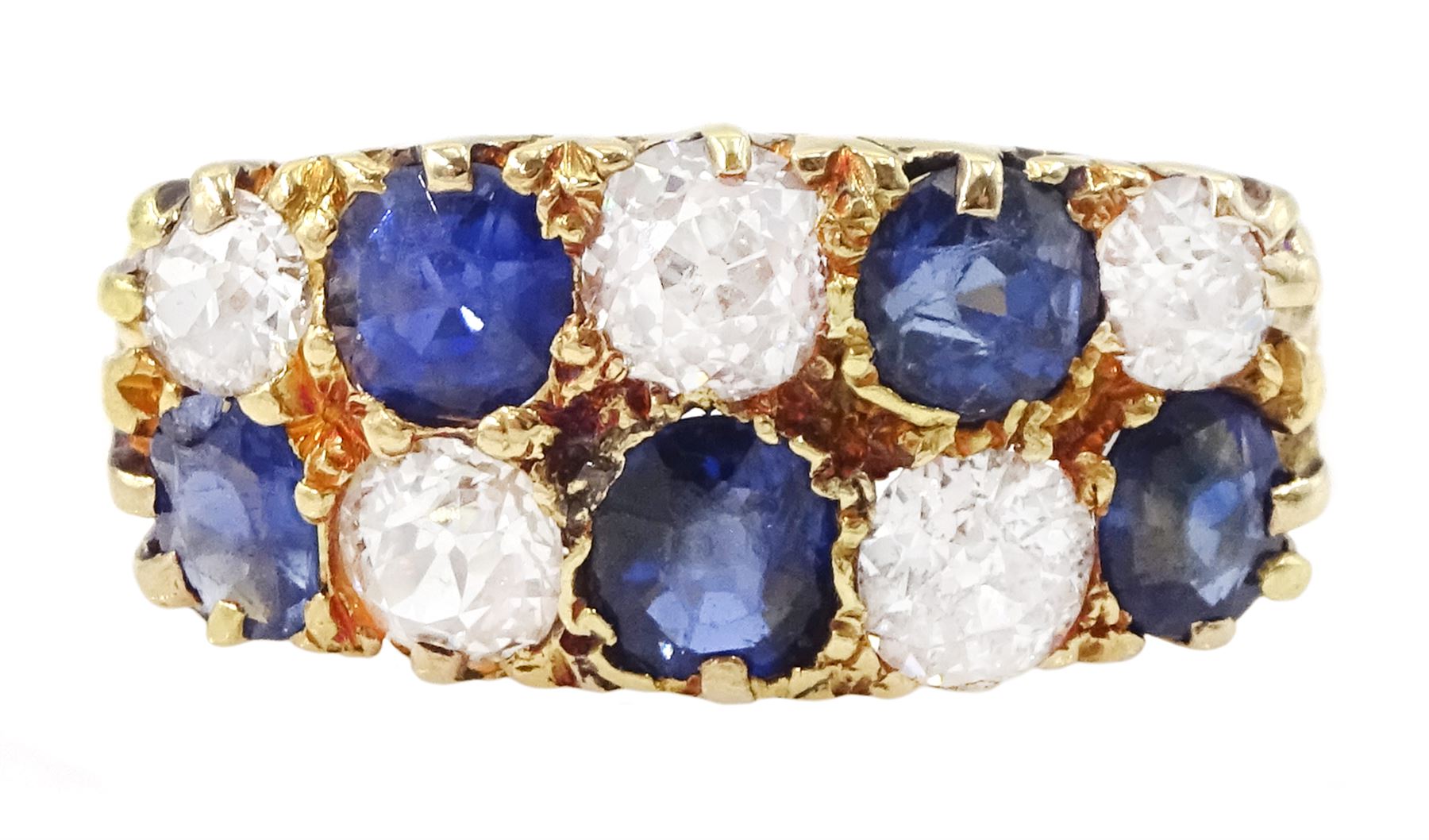 Victorian 18ct gold two row diamond and sapphire ring, alternating circular and oval mixed cut sapphires and old cut diamonds, total diamond weight approx 0.75 carat