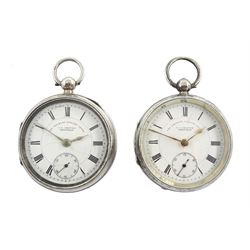 Two Edwardian silver open face 'The Express English Lever' pocket watches by J. G. Graves, Sheffield, No. 620288 and 513640,  white enamel dial with Roman numerals and subsidiary seconds dial, case by The Lancashire Watch Co Ltd and John George Graves, both Chester 1900 and 1901(2)
