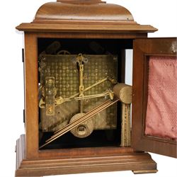  English burr walnut cased eight day chime bracket clock, with brass knopped carrying handle, with white chapter ring dial surrounded by four brass spandrels,  H30cm
