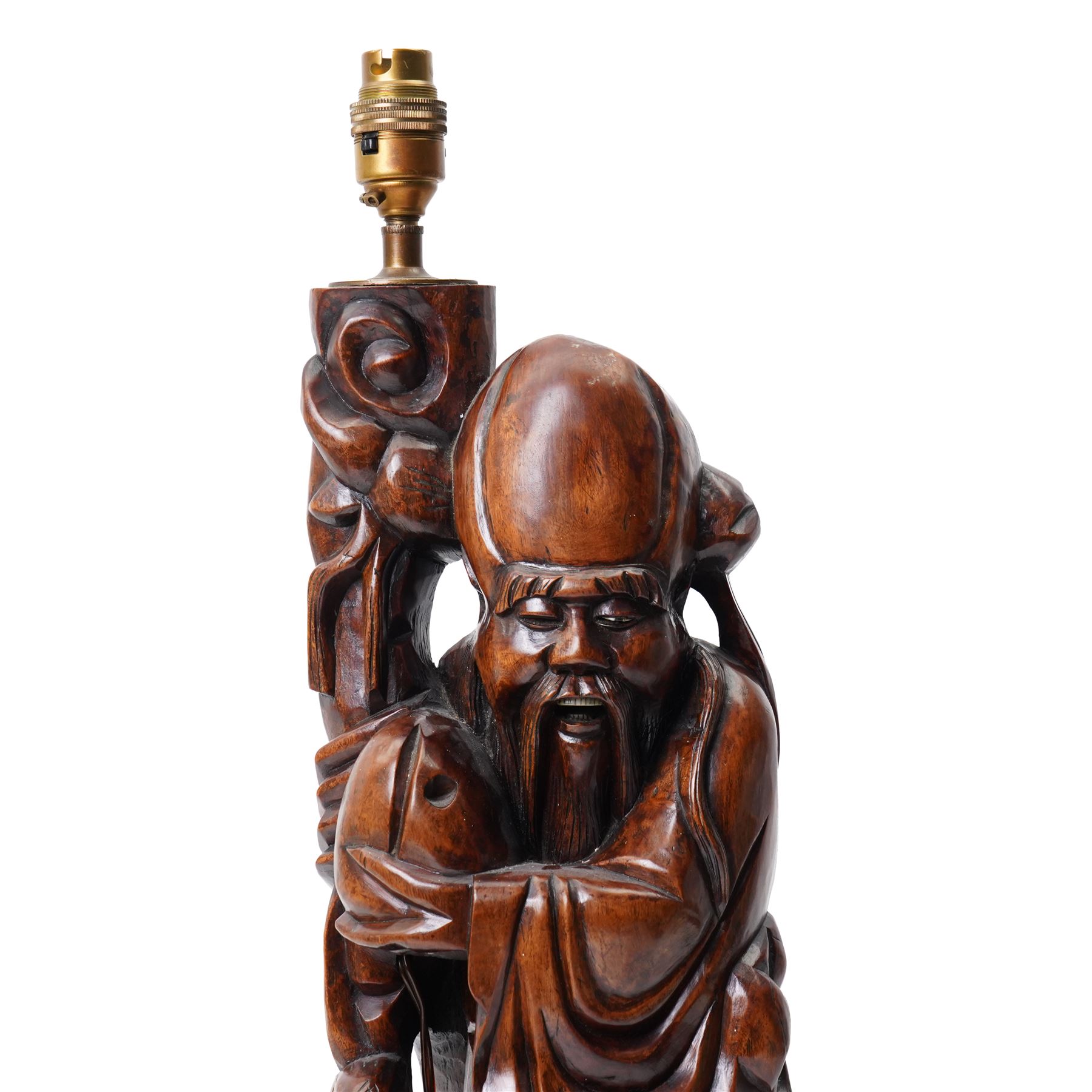 Chinese carved hardwood figure of Shou Lao formed as a table lamp H56cm excluding fitting and a Japanese brass two handled jardiniere decorated with raised panels of birds, flowers etc D27cm (2)