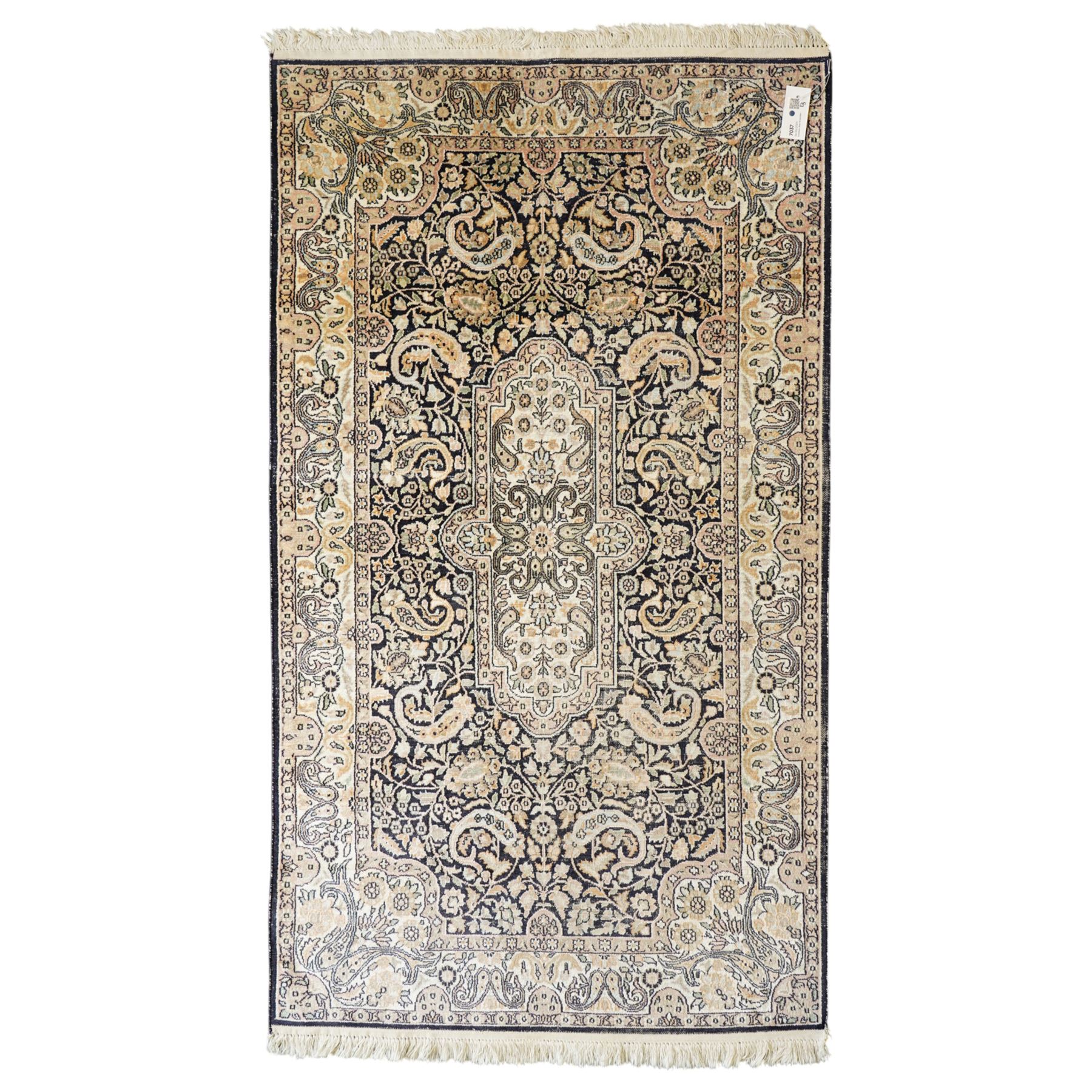 Persian style rug, central medallion with symmetrical floral arabesques, complex and layered borders featuring flowers and scrolling vinework