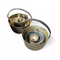 Collection of sliver plate and brass items including buckets and a kettle, butter churner and other kitchen wares etc