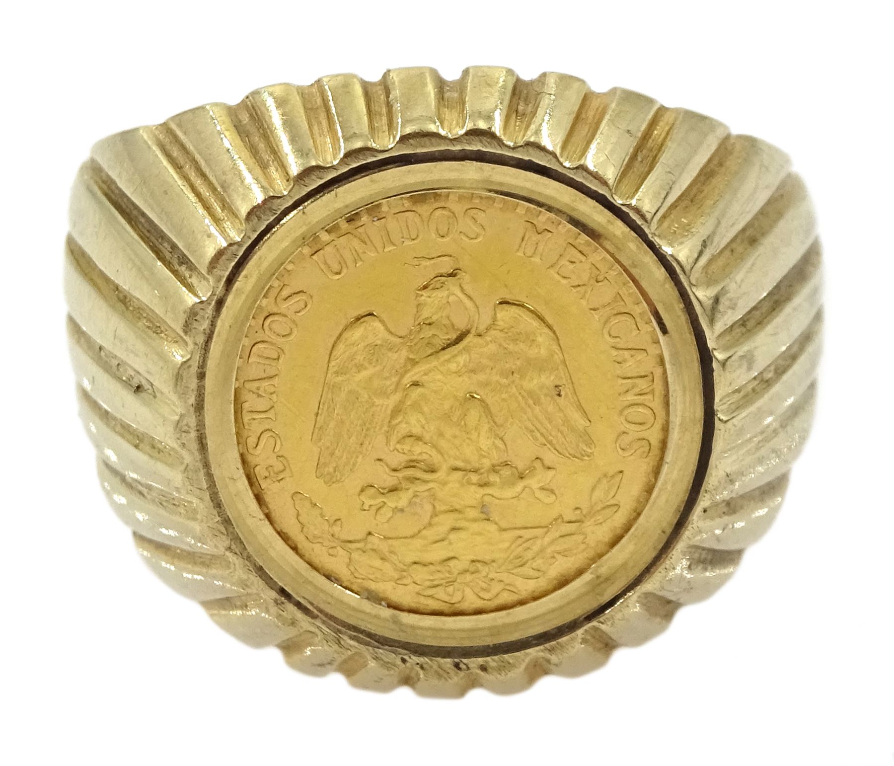 1945 gold Dos Pesos coin, loose mounted in 9ct gold ring, hallmarked